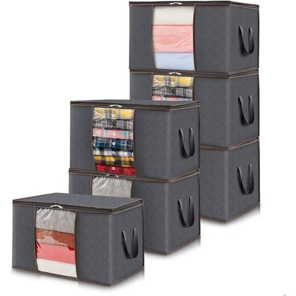 6-Pack Clothes Storage Bag, Storage Bins with Reinforced Handle, 60L, Grey - Picture 1 of 6